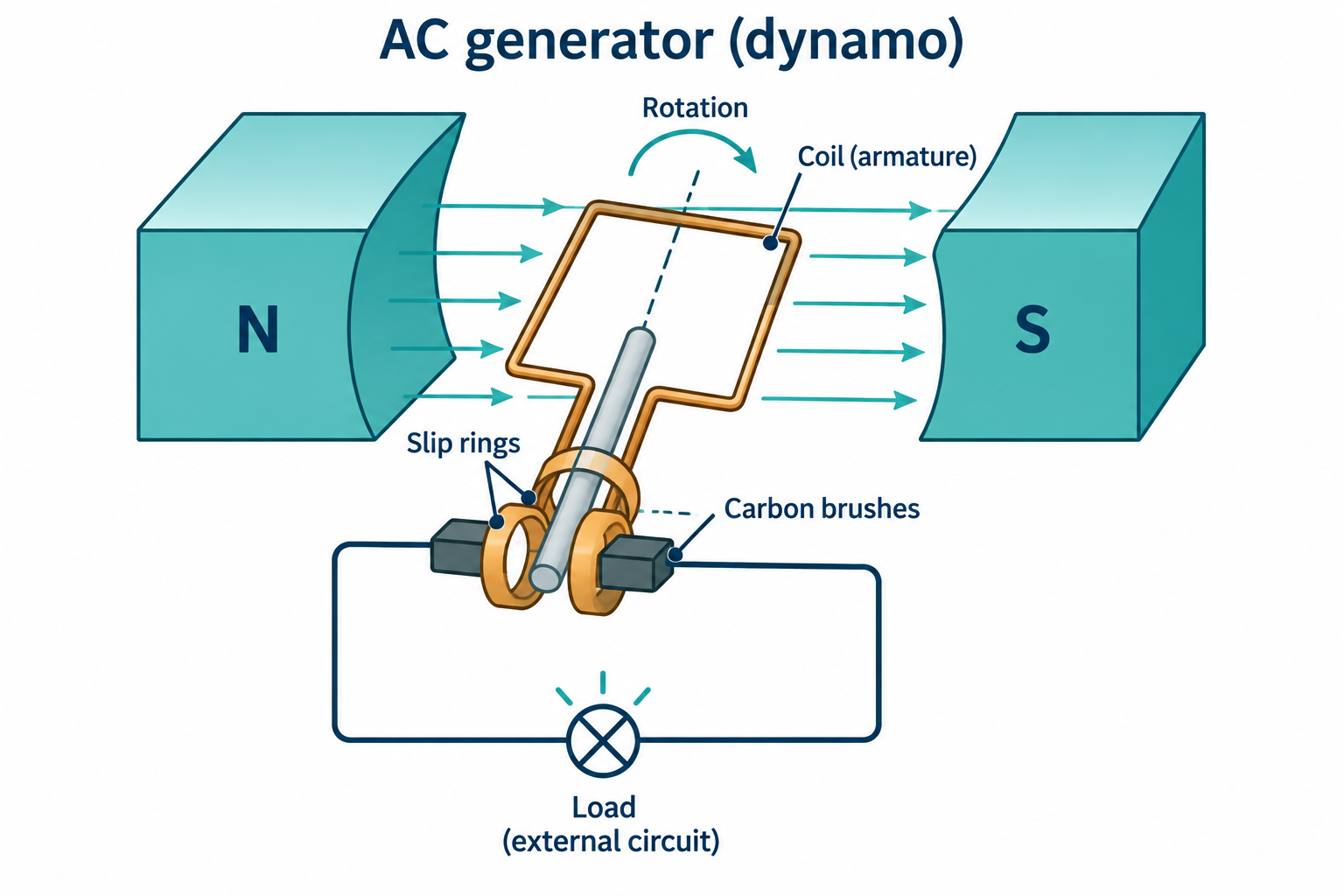 AC generator: coil rotating between N and S poles, connected via two slip rings and carbon brushes to an external load